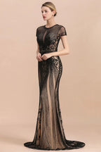 Vestido de Festa Preto Luxuoso com Contas, Estilo Sereia, Mangas Curtas com Ombreiras