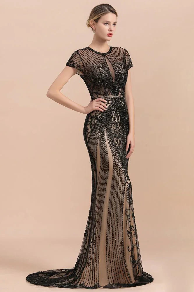 Vestido de Festa Preto Luxuoso com Contas, Estilo Sereia, Mangas Curtas com Ombreiras