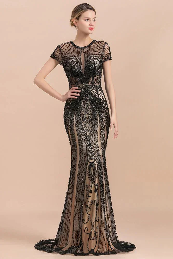 Vestido de Festa Preto Luxuoso com Contas, Estilo Sereia, Mangas Curtas com Ombreiras