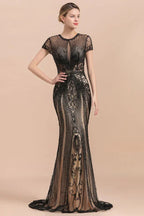 Vestido de Festa Preto Luxuoso com Contas, Estilo Sereia, Mangas Curtas com Ombreiras