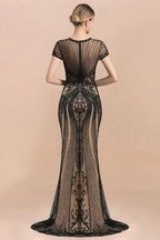 Vestido de Festa Preto Luxuoso com Contas, Estilo Sereia, Mangas Curtas com Ombreiras