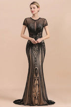 Vestido de Festa Preto Luxuoso com Contas, Estilo Sereia, Mangas Curtas com Ombreiras
