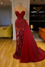 robe de bal sirène bordeaux de luxe avec traîne amovible et dentelle