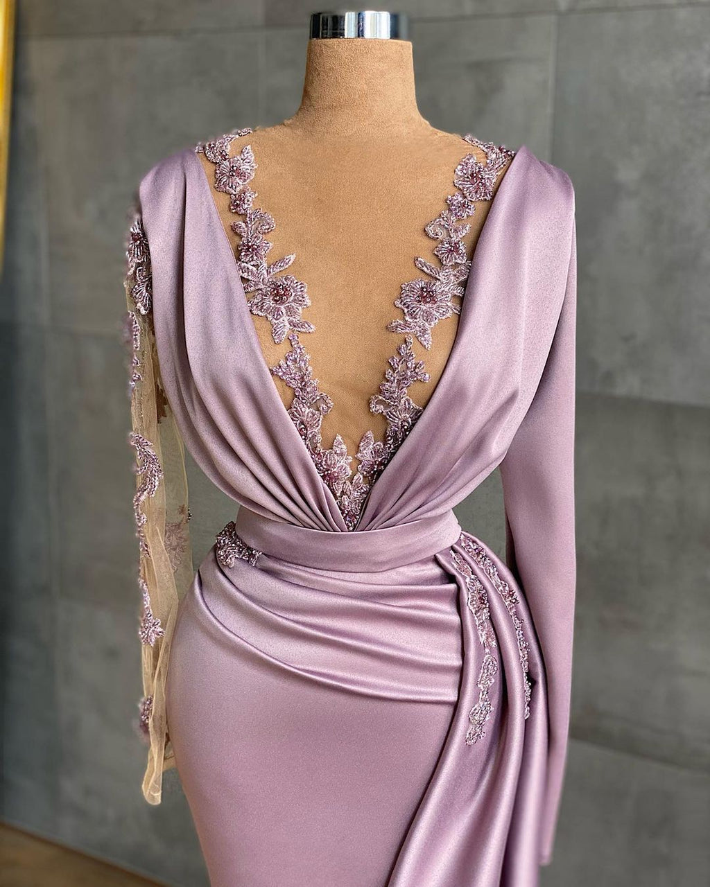 Luxury Floor-length Light Purple Ruffles Mermaid Prom Dresses With Long Sleeves