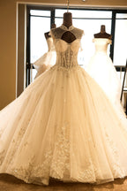 Vestido de novia de tul con cuello ilusión y cordones, de lujo, modesto, color marfil brillante. 