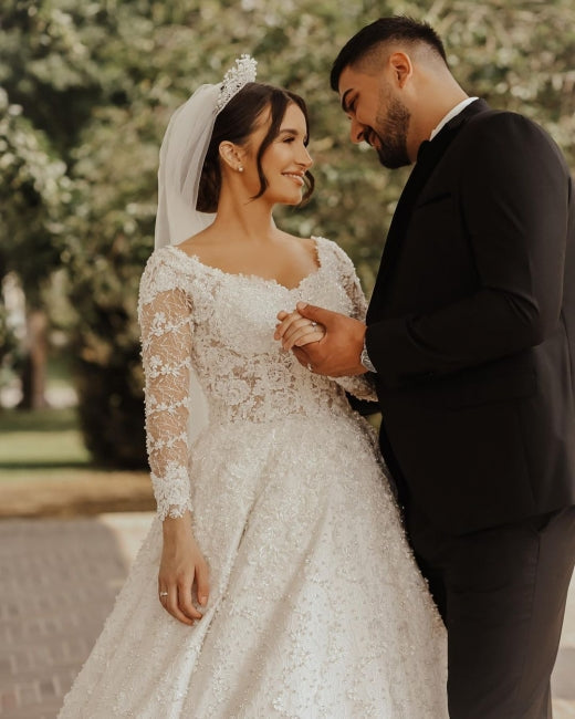 Vestidos de novia de encaje de lujo | Vestidos de novia de corte A con mangas