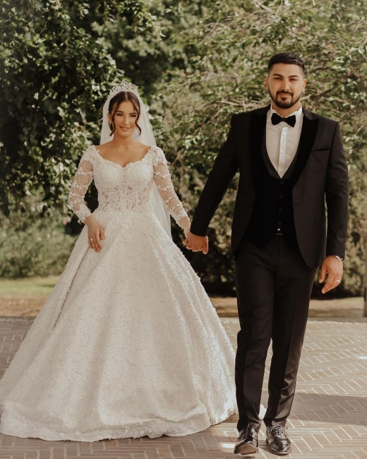 Vestidos de novia de encaje de lujo | Vestidos de novia de corte A con mangas