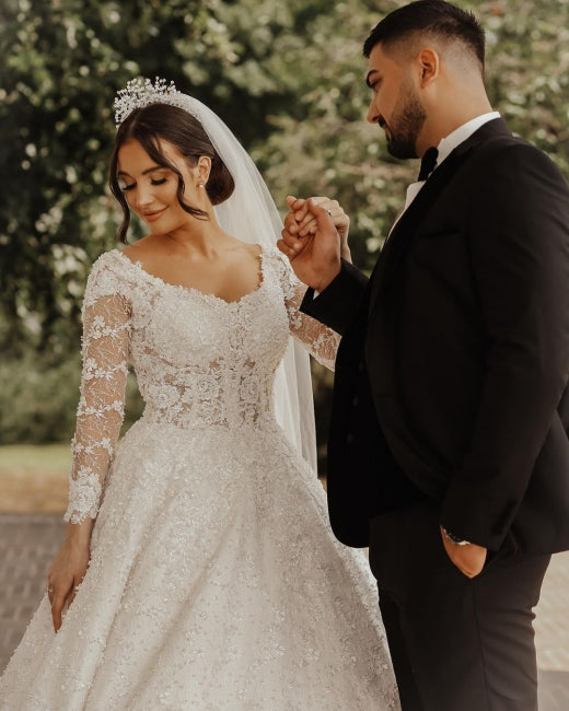 Vestidos de novia de encaje de lujo | Vestidos de novia de corte A con mangas