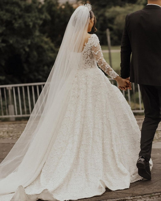 Vestidos de novia de encaje de lujo | Vestidos de novia de corte A con mangas