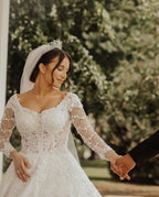 Vestidos de novia de encaje de lujo | Vestidos de novia de corte A con mangas