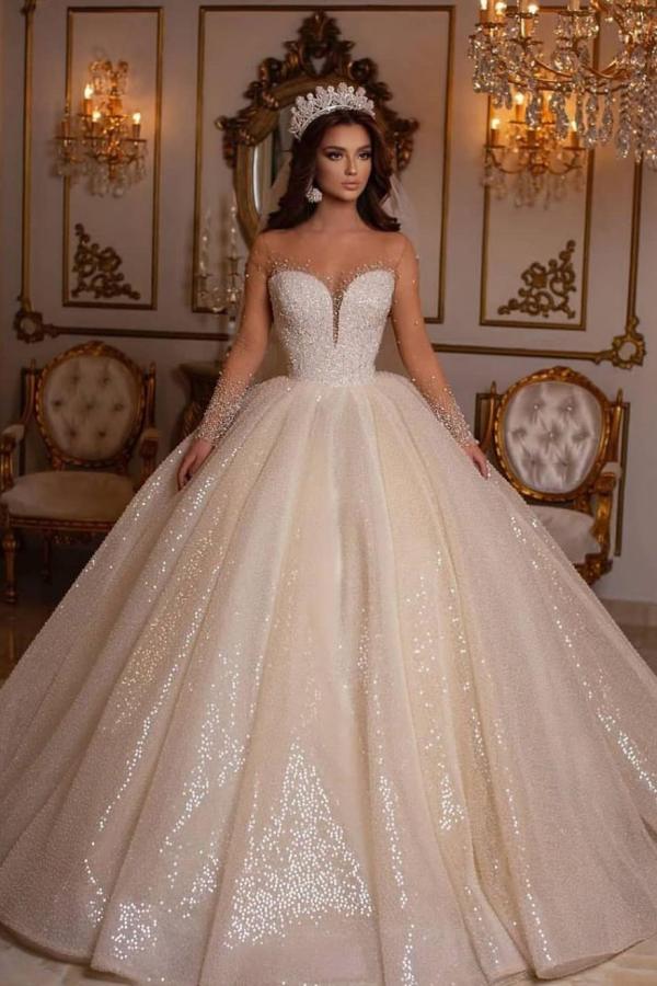 Vestido de novia largo de lujo con escote en forma de corazón, brillante y mangas
