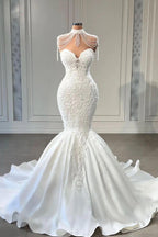 Robe de mariée en satin luxueuse longue, sirène, en dentelle, à décolleté cœur