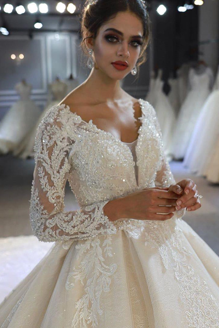 Luxury Long Sleeves Deep V-Neck Princess Ball Gown Garden Bridal Dress