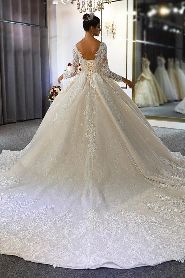 Luxury Long Sleeves Deep V-Neck Princess Ball Gown Garden Bridal Dress