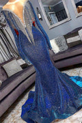 Vestido de fiesta juvenil de lujo con cola de sirena, manga larga, borlas azules brillantes