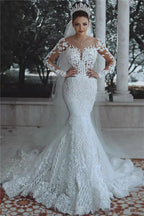 Abiti da sposa di pizzo con perline e tulle a sirena di lusso con maniche