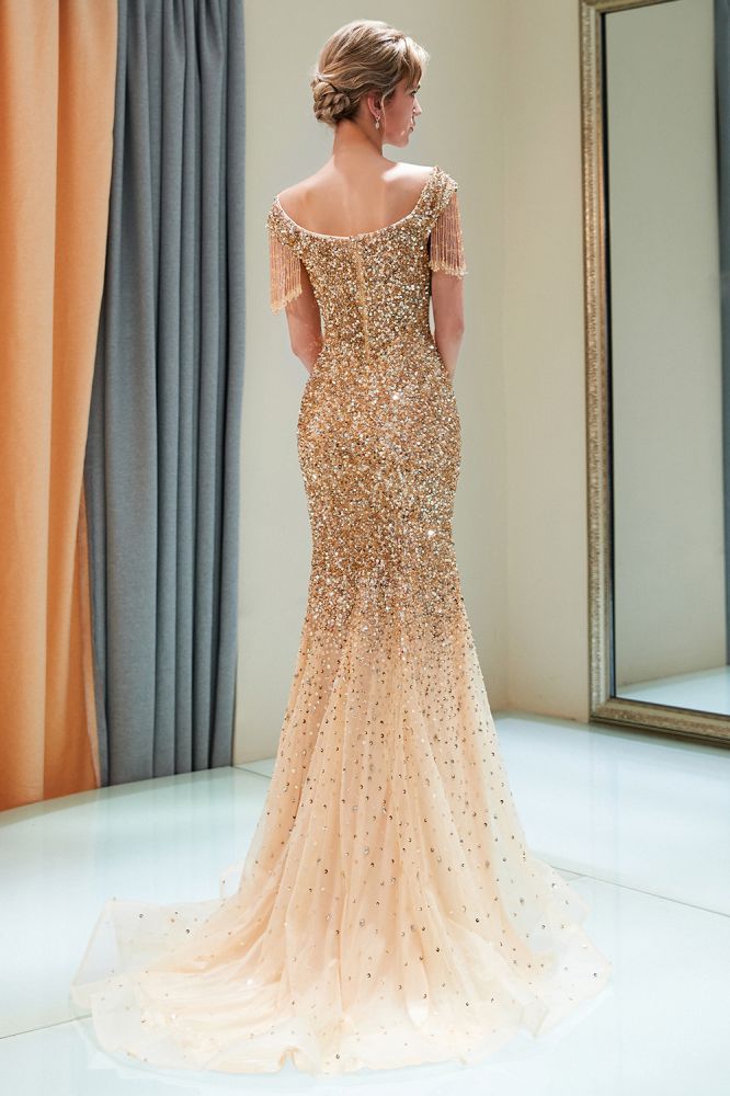 Luxury Off-the-shoulder V-neck Floor Length Sequins Evening Dress