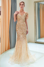Luxury Off-the-shoulder V-neck Floor Length Sequins Evening Dress