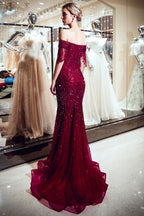 Luxury Off-the-shoulder V-neck Floor Length Sequins Evening Dress