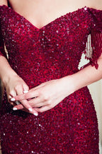 Luxury Off-the-shoulder V-neck Floor Length Sequins Evening Dress