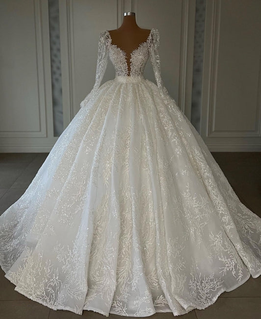Luxury Princess A-line V-neck Lace Wedding Dresses With Long Sleeves