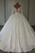 Vestidos de Noiva de Renda Luxuosos Princesa em Linha A com Decote em V e Mangas Compridas