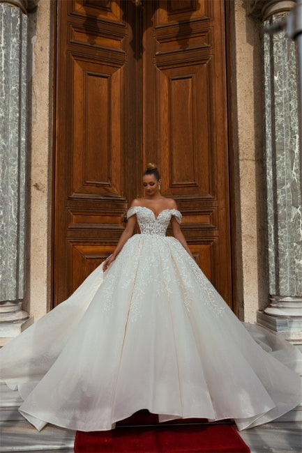 Luxuriöse Prinzessin Lange A-Linie Off-Shoulder Spitze Brautkleider