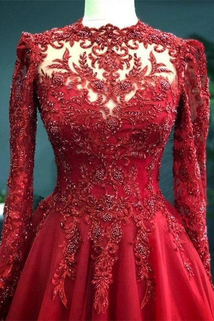 Luxury Red Evening Dresses With Sleeves Prom Dress with Lace