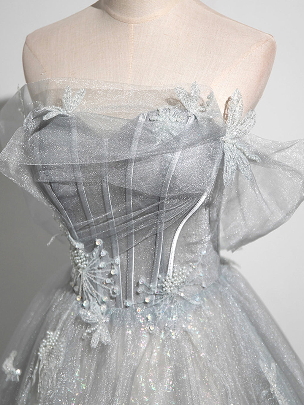 A-Line Off the Shoulder Tulle Prom Dress, Lovely Corset Floor Length Party Dress