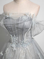 A-Line Off the Shoulder Tulle Prom Dress, Lovely Corset Floor Length Party Dress