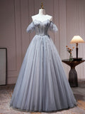 Robe de fête grise en tulle à épaules dénudées ornée de perles, robe de bal formelle en tulle coupe évasée