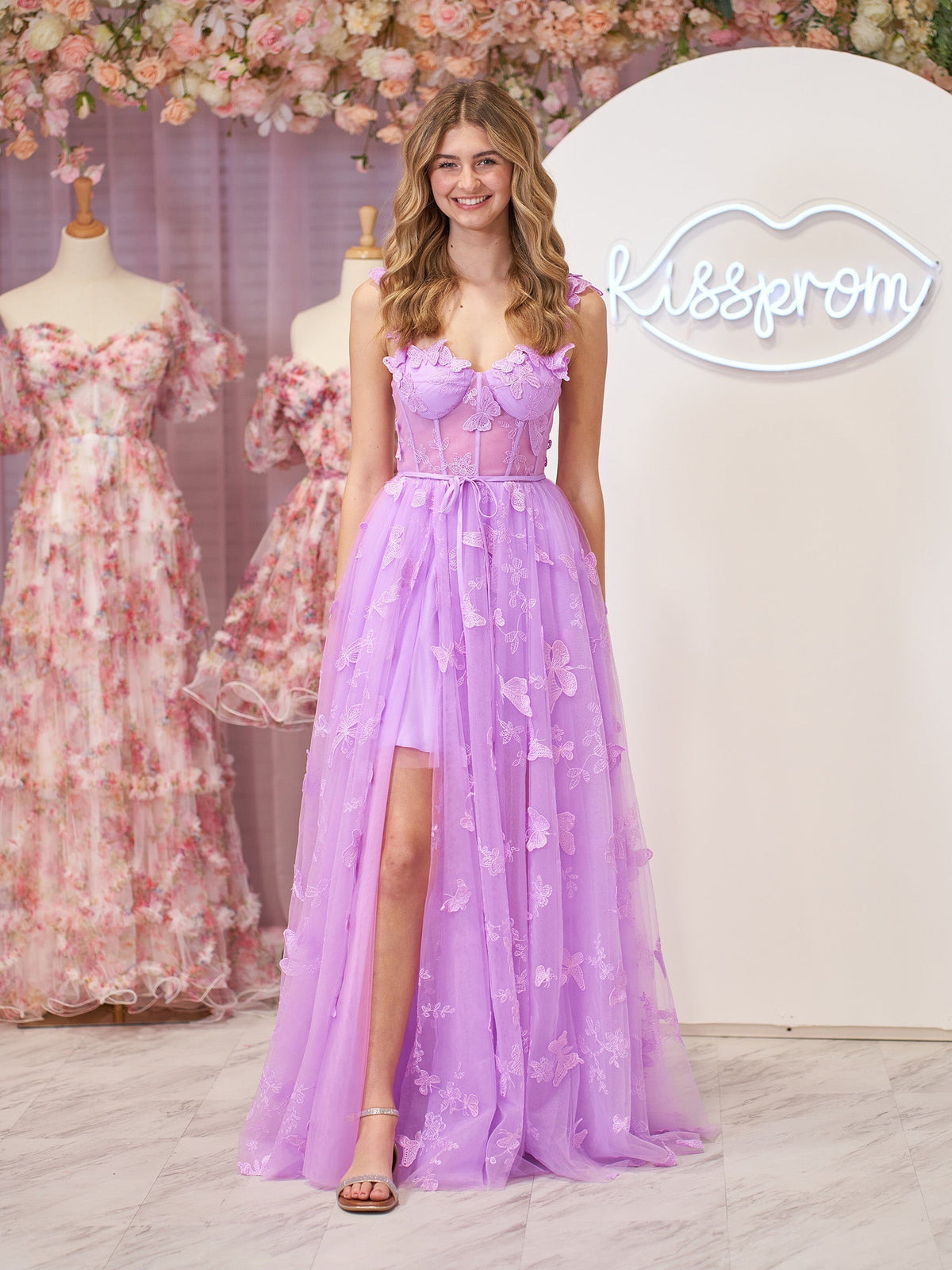Lilac A-line Butterfly Lace Lilac Corset Prom Dress with Slit