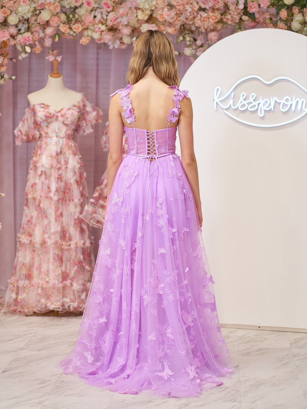 Lilac A-line Butterfly Lace Lilac Corset Prom Dress with Slit