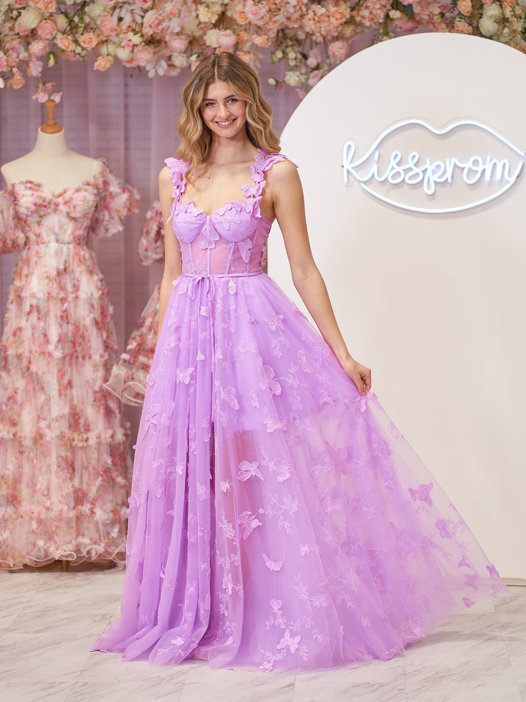 Lilac A-line Butterfly Lace Lilac Corset Prom Dress with Slit