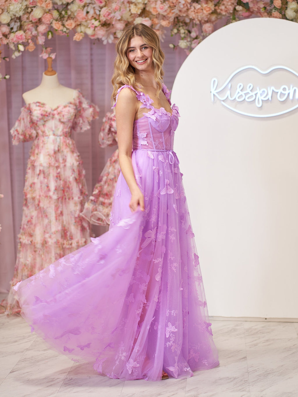 Lilac A-line Butterfly Lace Lilac Corset Prom Dress with Slit