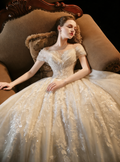 Luxury Off-Shoulder Ball Gown Wedding Dress with Lace Embroidery & Long Train
