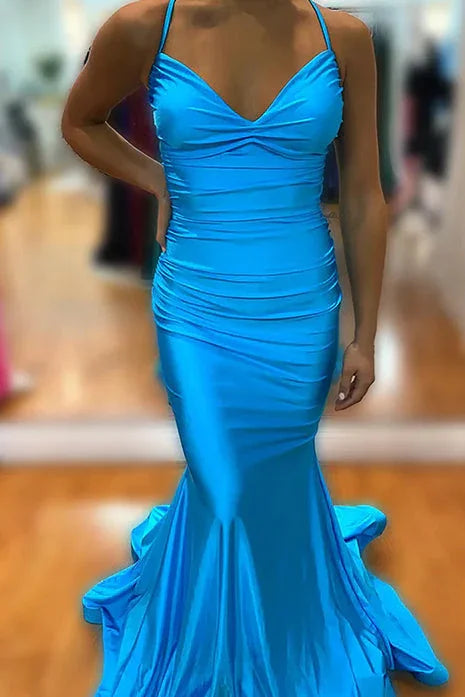 Barrie | Mermaid Spaghetti Straps Blue Satin Long Prom Dress with Criss Cross Back