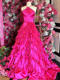 Markel | Robe longue de bal à volants superposés et col licou fuchsia