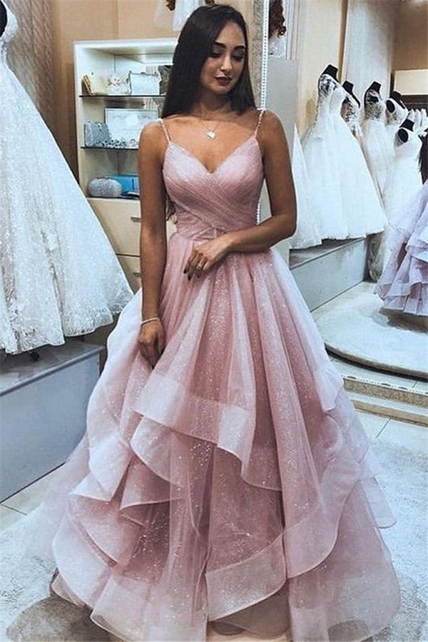 Marvelous A-line V-neck Spaghetti Straps Cascading Ruffle Long Prom Dress