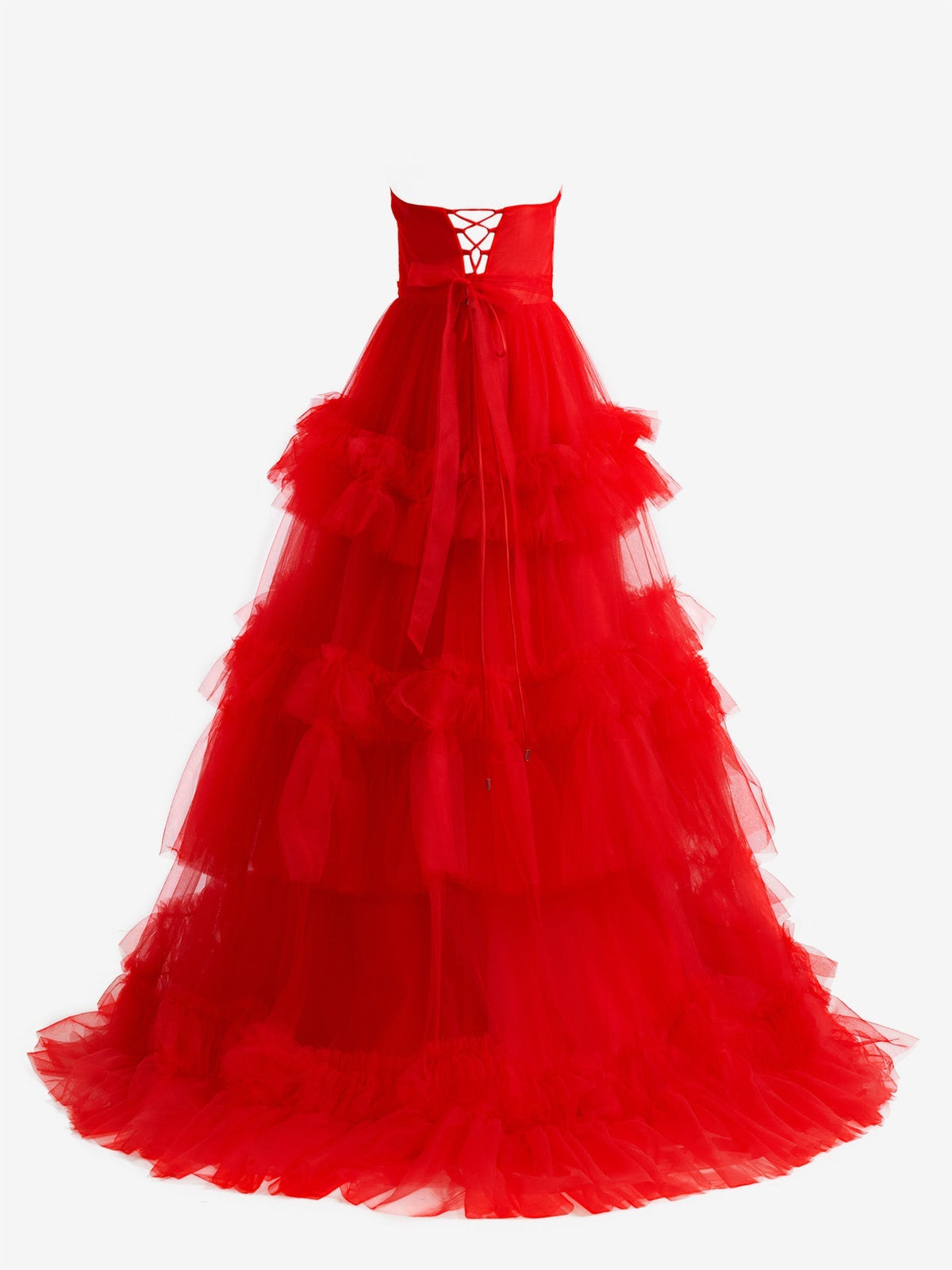 Vestido de noite vermelho em linha A, sem alças, com folhos em tule