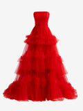 Vestido de noite vermelho em linha A, sem alças, com folhos em tule