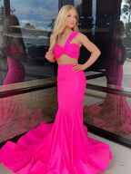 Maven | Robe de bal sirène en satin rose vif deux pièces à une épaule