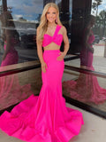 Maven | Robe de bal sirène en satin rose vif deux pièces à une épaule