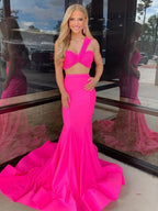 Maven | Robe de bal sirène en satin rose vif deux pièces à une épaule