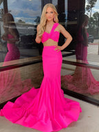 Maven | Robe de bal sirène en satin rose vif deux pièces à une épaule