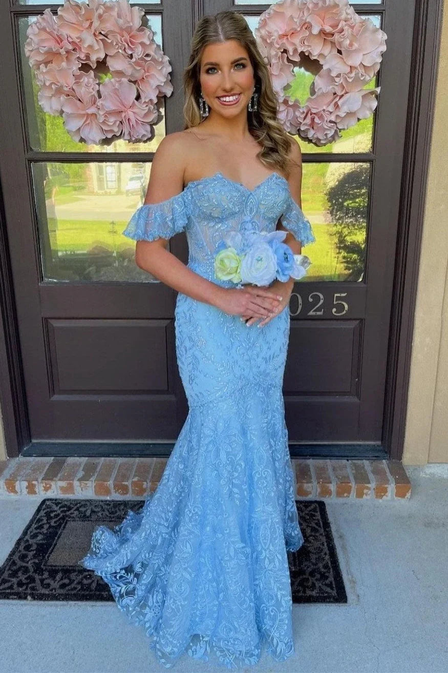 Mckail | Robe longue de bal bleue à fleurs en dentelle avec volants et épaules dénudées