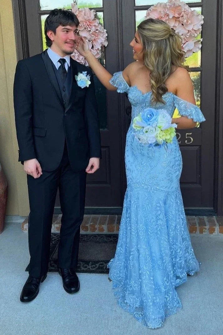 Mckail | Robe longue de bal bleue à fleurs en dentelle avec volants et épaules dénudées