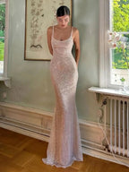 McKoye| Simple Pink Mermaid Straps Sequin Prom Dresses With Split