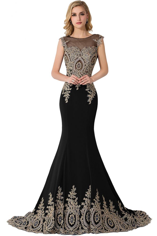Vestido de noche de gasa con cola de sirena y apliques