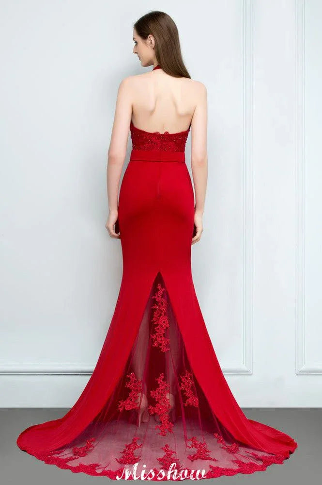 Meerjungfrau Charmeuse Spitzen Neckholder Ärmelloses Brautjungfernkleid Bodenlanges Ballkleid